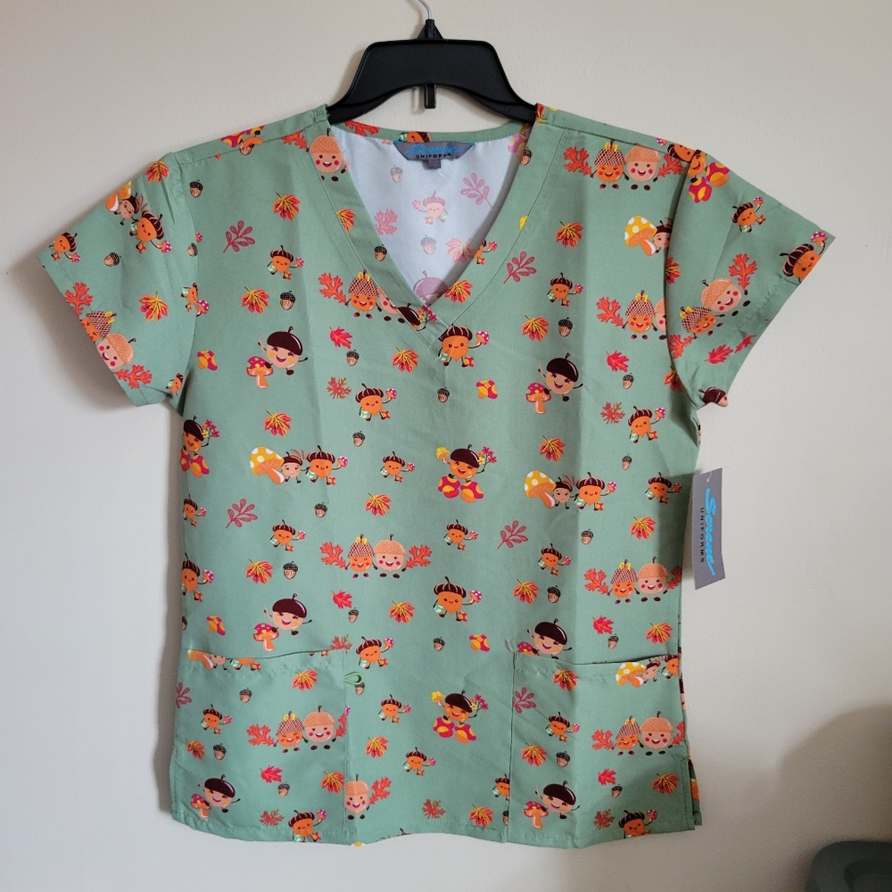 Green Town Women's Scrubs V-Neck Scrub Top - Thanksgiving Fall Acorn Holiday
